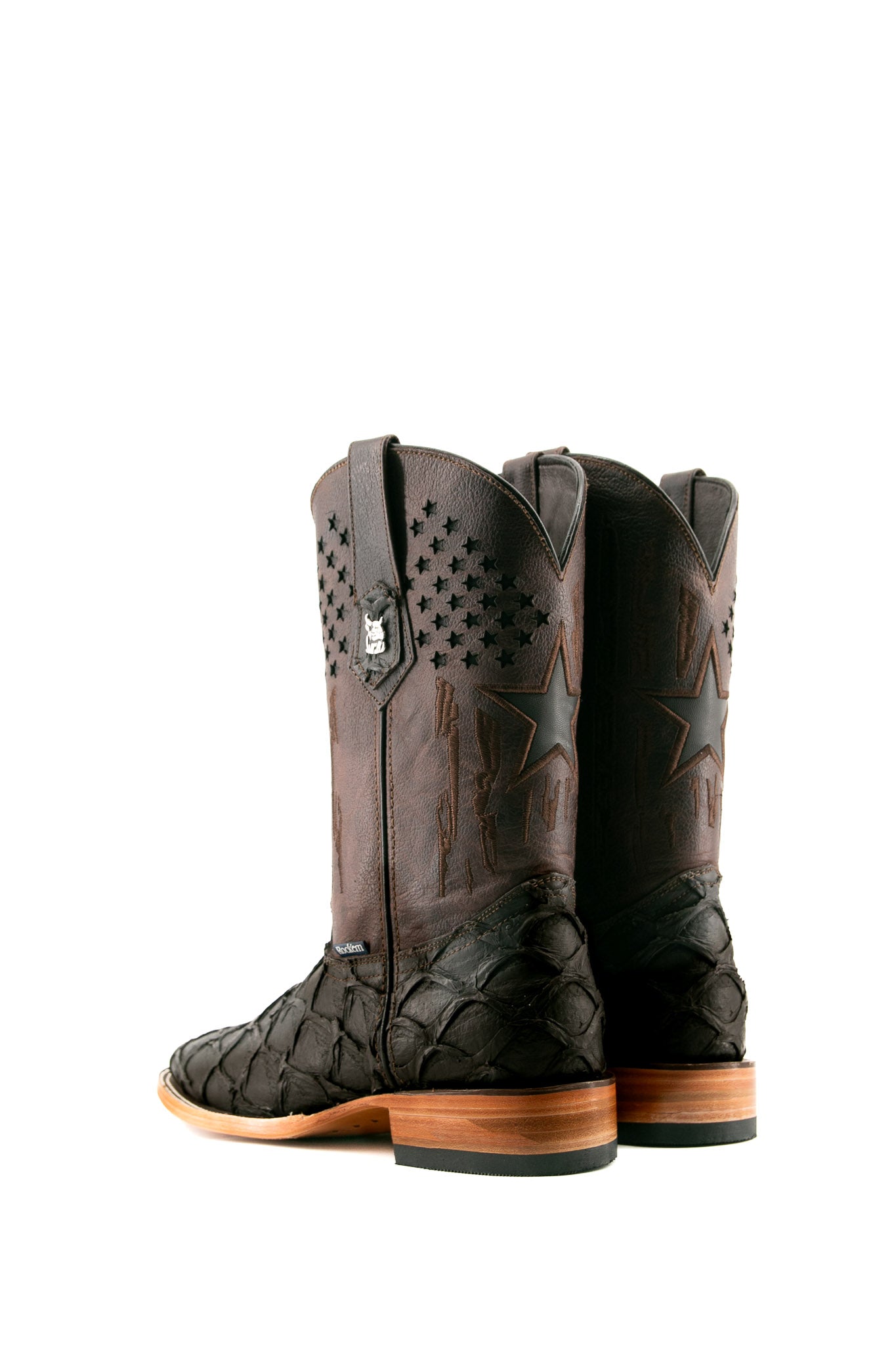 Back view of the brown Clone Fish Pirarucu Matte cowboy boots, featuring a square toe, a pirarucu print vamp, a brown shaft with star perforations embroidered, and a rubber heel.