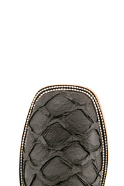 Top-down close-up of brown Clone Fish Pirarucu Matte cowboy boot vamp, showcasing the brown and pirarucu print detail and square toe and double stitching.