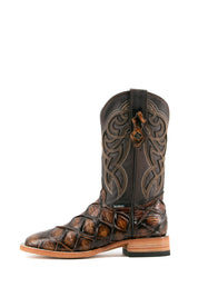 Side view of Honey Big Bass Pirarucu Cowboy Boot in genuine leather, square toe, honey pirarucu print vamp, brown embroidered shaft, rubber heel, and tan sole.