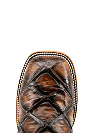 Top-down close-up of honey Big Bass Pirarucu cowboy boot vamp, showcasing the honey pirarucu print detail, double stitching and square toe.
