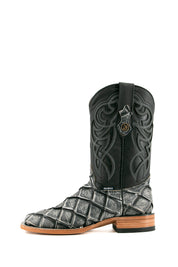 Side view of granite safari Big Bass Pirarucu Cowboy Boot in genuine leather, square toe, gray pirarucu print vamp, black embroidered shaft, rubber heel, and tan sole.