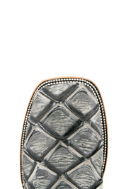 Top-down close-up of granite safari Big Bass Pirarucu cowboy boot vamp, showcasing the gray pirarucu print detail, double stitching and square toe.