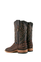Back view of rustic shedron Giant Caiman Hornback cowboy boots in genuine leather, featuring a square toe, shedron caiman print vamp, brown embroidered shaft, and rubber heel.