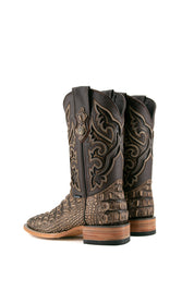 Back view of rustic bone Giant Caiman Hornback cowboy boots in genuine leather, featuring a square toe, cream and brown caiman print vamp, brown shaft with embroidery, and rubber heel.