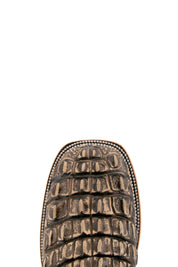 Top-down close-up of rustic bone Giant Caiman Hornback cowboy boot vamp, highlighting the cream and brown caiman print detail and square toe.