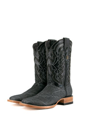The old silver Rock'em Elephant cowboy boots are crafted from genuine leather, featuring a square toe, Elephant print vamp, embroidered shaft, and rubber heel.