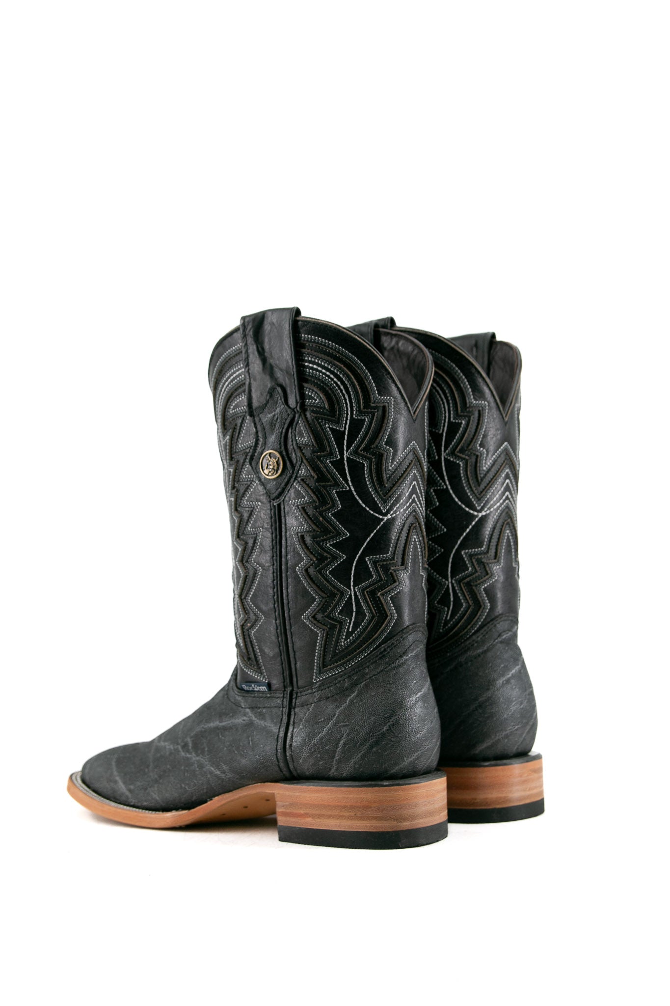 Back view of old silver Rock'em Elephant cowboy boots in genuine leather, featuring a square toe, Elephant print vamp, embroidered shaft, and rubber heel.