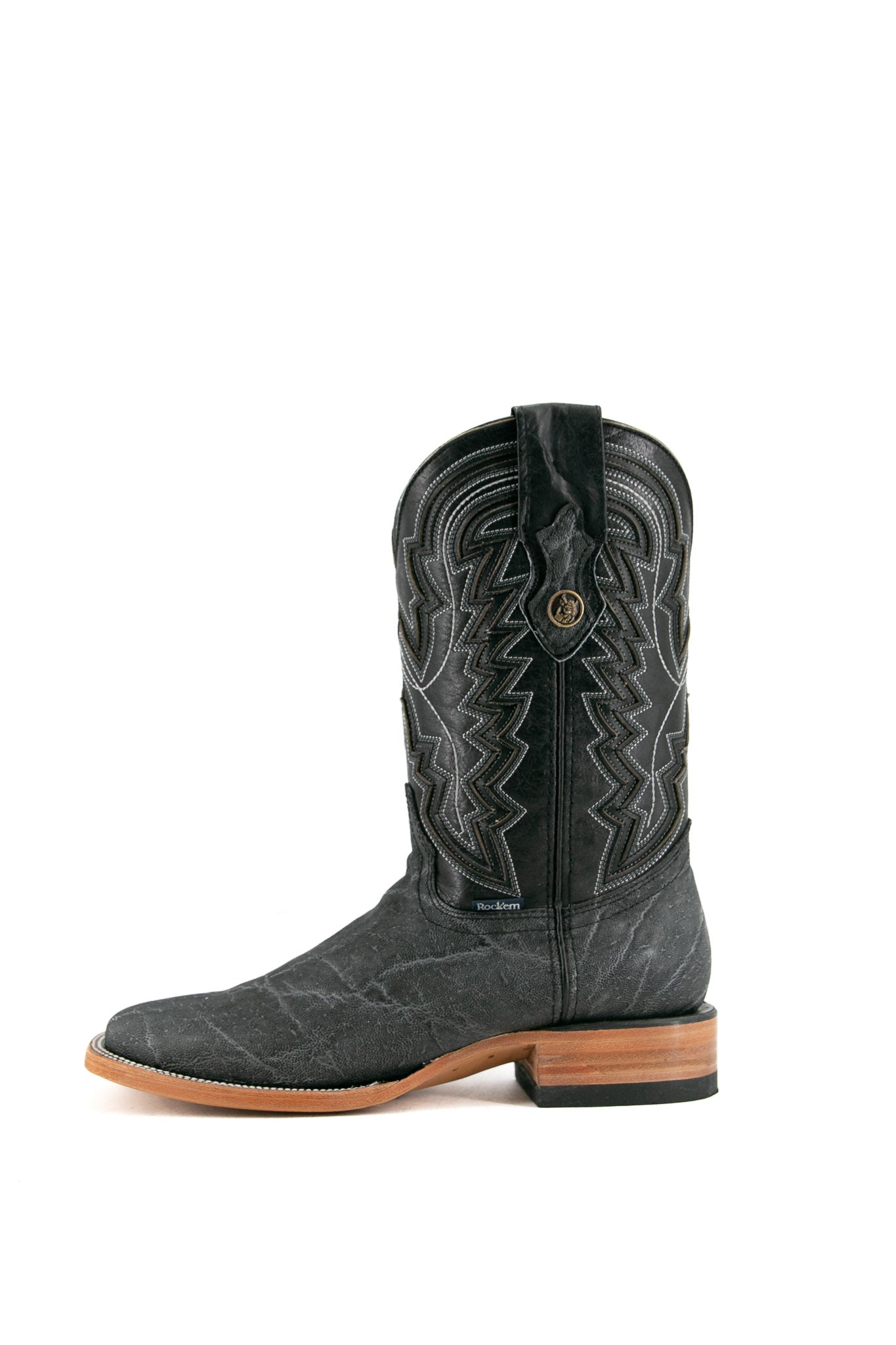 Side view of old silver Rock'em Elephant cowboy boots in genuine leather, featuring a square toe, Elephant print vamp, embroidered shaft, and rubber heel.