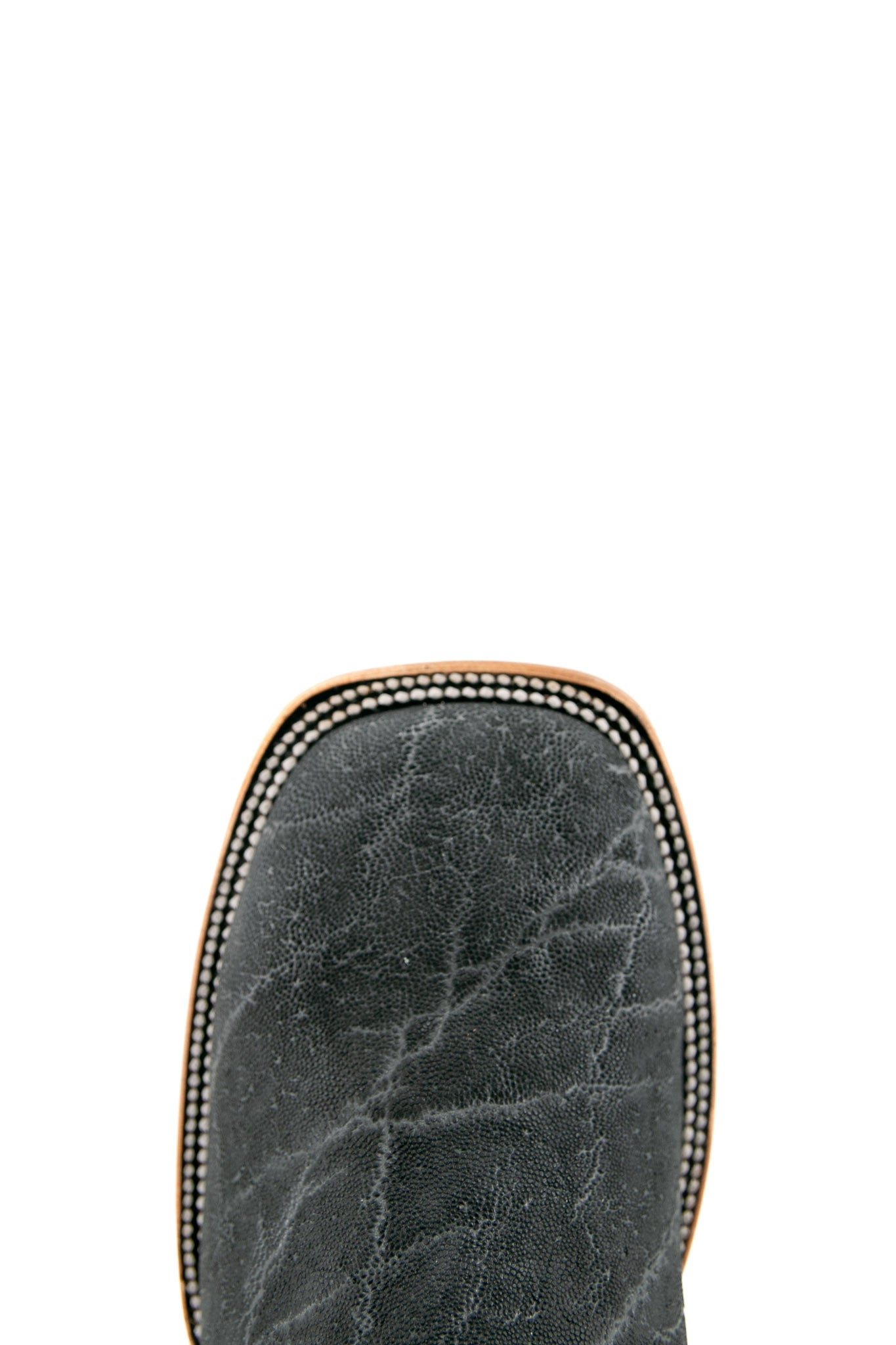 Top-down close-up of the old silver Rock'em Elephant cowboy boot vamp showing the elephant print detail and square toe.