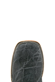 Top-down close-up of the old silver Rock'em Elephant cowboy boot vamp showing the elephant print detail and square toe.
