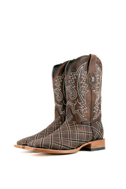 The paja Roca Patchwork Cowboy Boot in genuine leather, square toe, brown roca patchwork print vamp, brown embroidered shaft, rubber heel, and tan sole.