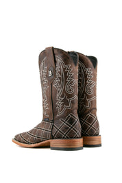 Back view of paja Roca Patchwork Cowboy Boot in genuine leather, square toe, brown roca patchwork print vamp, brown embroidered shaft, rubber heel, and tan sole.
