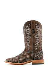Side view of paja Roca Patchwork Cowboy Boot in genuine leather, square toe, brown roca patchwork print vamp, brown embroidered shaft, rubber heel, and tan sole.