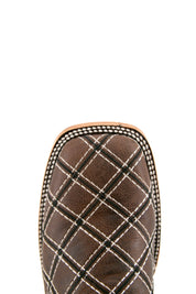 Top-down close-up of paja Roca Patchwork cowboy boot vamp, showcasing the brown pirarucu print detail, double stitching and square toe.
