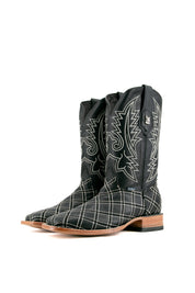 The negro Roca Patchwork Cowboy Boot in genuine leather, square toe, black roca patchwork print vamp, black embroidered shaft, rubber heel, and tan sole.
