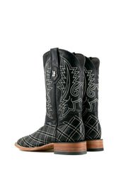Back view of negro Roca Patchwork Cowboy Boot in genuine leather, square toe, negro roca patchwork print vamp, negro embroidered shaft, rubber heel, and tan sole.