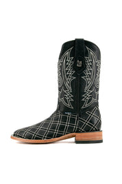 Side view of negro Roca Patchwork Cowboy Boot in genuine leather, square toe, negro roca patchwork print vamp, negro embroidered shaft, rubber heel, and tan sole.