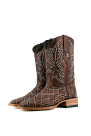 The shedron Roca Patchwork Cowboy Boot in genuine leather, square toe, shedron roca patchwork print vamp, shedron embroidered shaft, rubber heel, and tan sole.