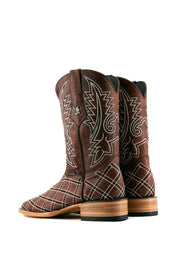 Back view of shedron Roca Patchwork Cowboy Boot in genuine leather, square toe, shedron roca patchwork print vamp, shedron embroidered shaft, rubber heel, and tan sole.
