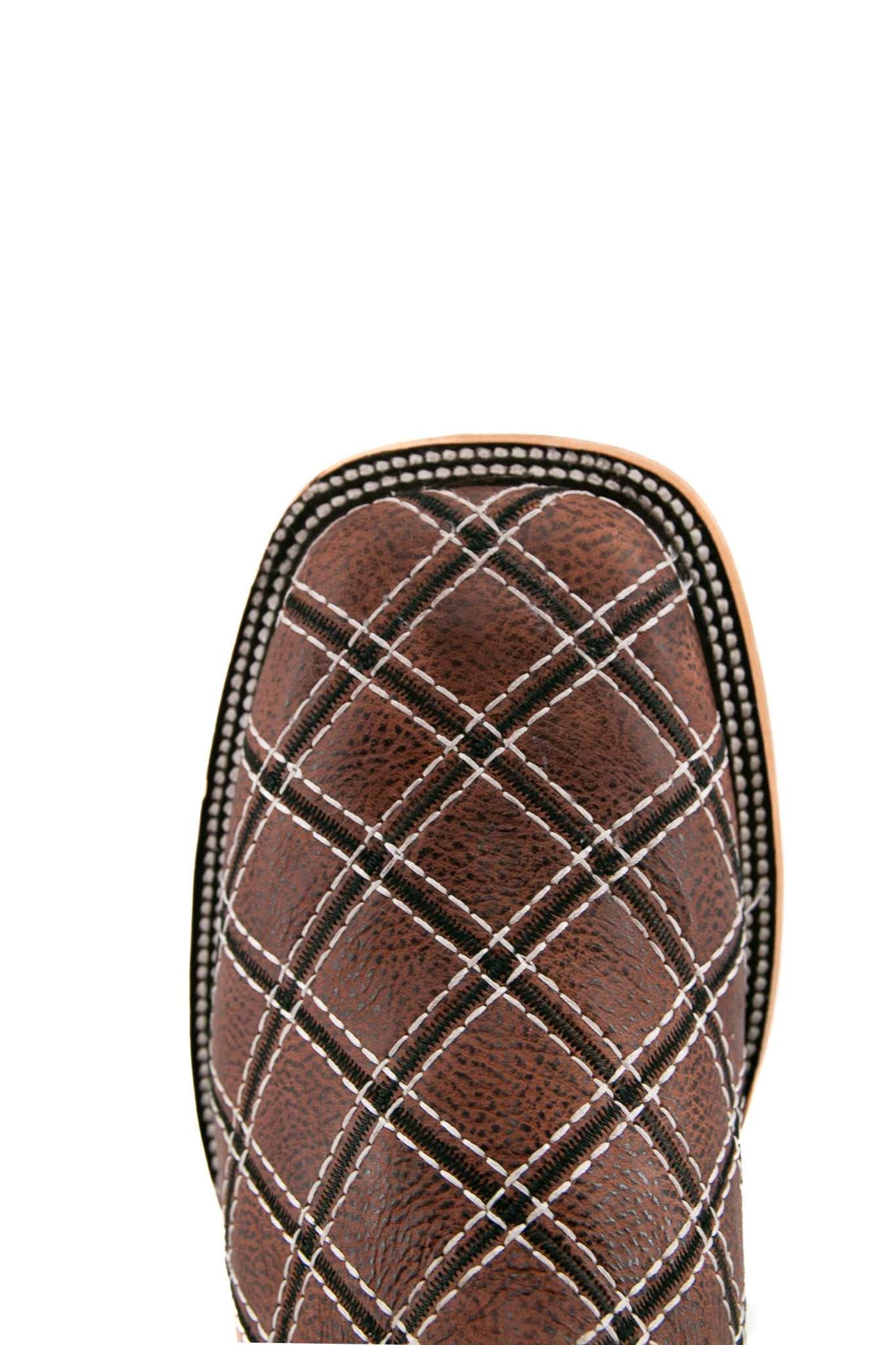 Top-down close-up of shedron Roca Patchwork cowboy boot vamp, showcasing the shedron pirarucu print detail, double stitching and square toe.