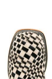 Rock'em Woven Cowhide boots feature a handwoven black & white vamp, black embroidered shaft, square toe, and a leather sole with a rubber heel.