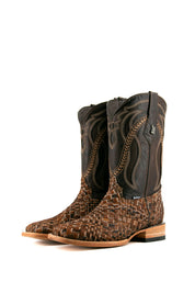 Rock'em Woven Cowhide boots feature a handwoven brown & black vamp, dark brown embroidered shaft, square toe, and a leather sole with a rubber heel.