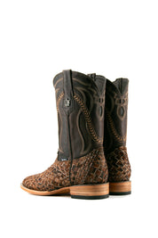Rock'em Woven Cowhide boots feature a handwoven brown & black vamp, dark brown embroidered shaft, square toe, and a leather sole with a rubber heel.