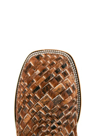 Rock'em Woven Cowhide boots feature a handwoven brown & black vamp, dark brown embroidered shaft, square toe, and a leather sole with a rubber heel.