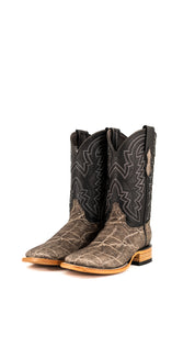 The slate gray Rock'em Elephant cowboy boots are crafted from genuine leather, featuring a square toe, elephant print vamp, embroidered shaft, and rubber heel.