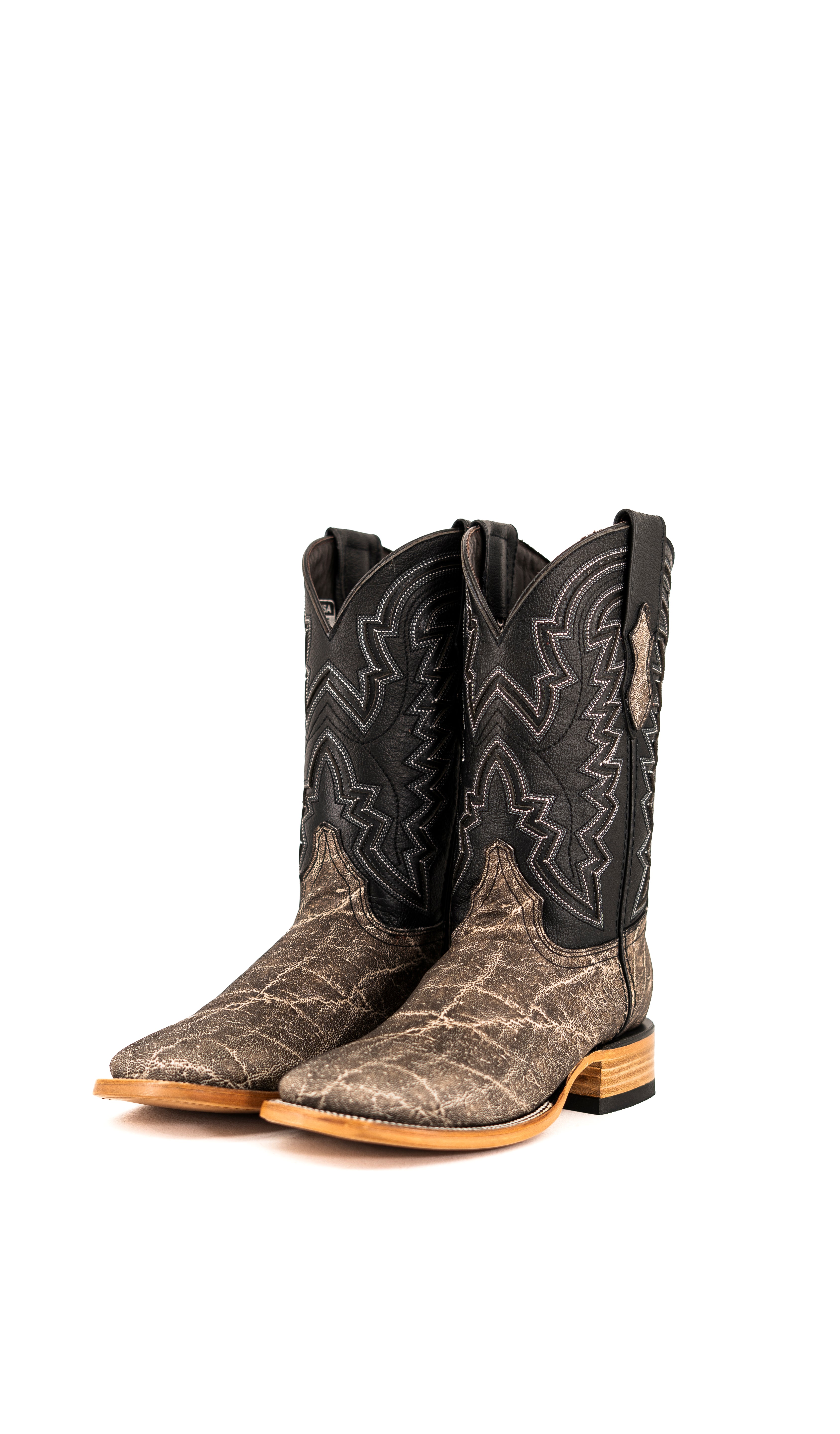 The slate gray Rock'em Elephant cowboy boots are crafted from genuine leather, featuring a square toe, elephant print vamp, embroidered shaft, and rubber heel.
