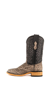 Side view of slate gray Rock'em Elephant cowboy boots in genuine leather, featuring a square toe, elephant print vamp, embroidered shaft, and rubber heel.