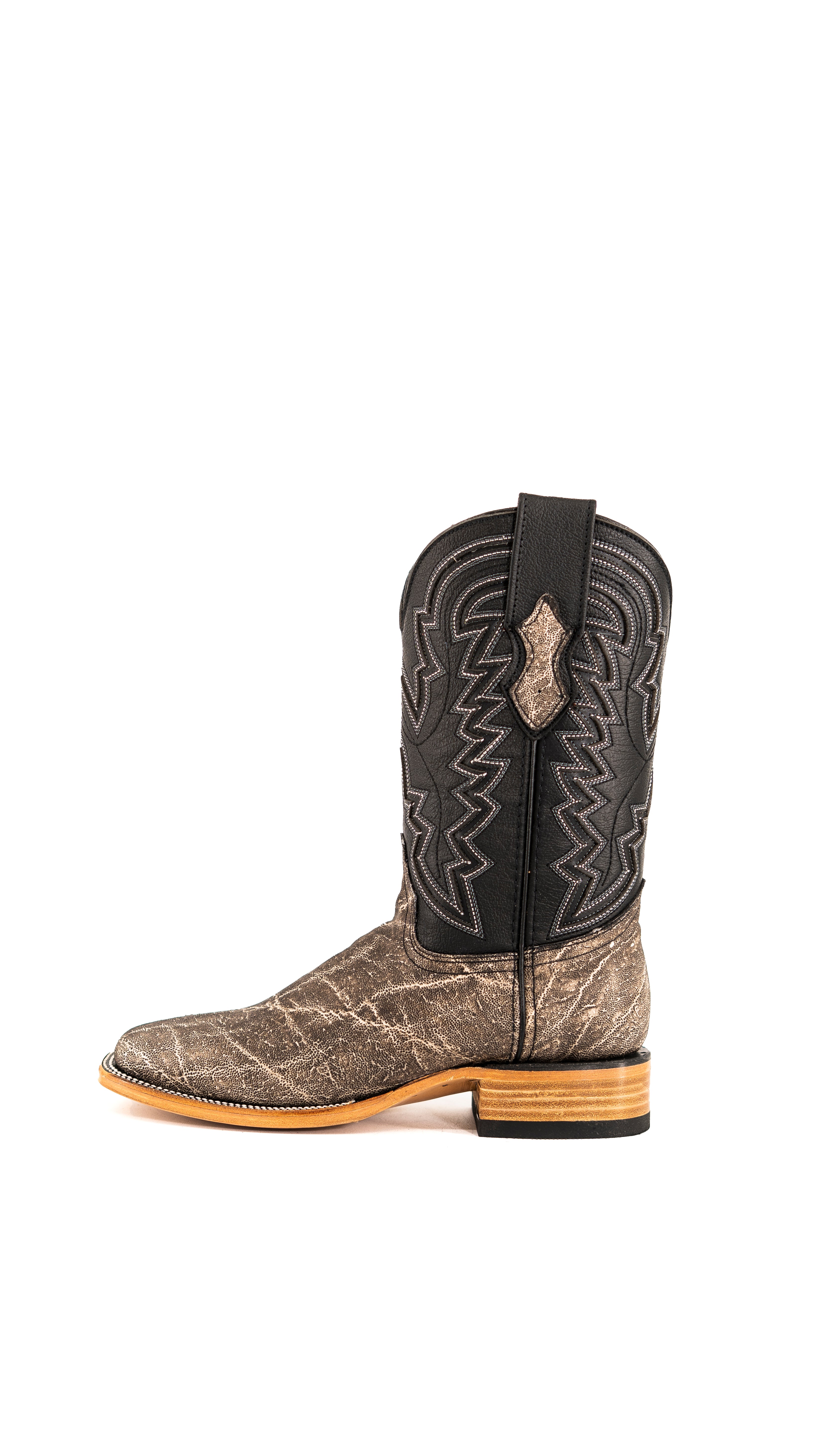 Side view of slate gray Rock'em Elephant cowboy boots in genuine leather, featuring a square toe, elephant print vamp, embroidered shaft, and rubber heel.