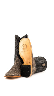 View of slate gray Rock'em Elephant cowboy boots in genuine leather, featuring a square toe, elephant print vamp, embroidered shaft, rubber heel, and tan leather sole.