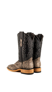 Back view of slate gray Rock'em Elephant cowboy boots in genuine leather, featuring a square toe, elephant print vamp, embroidered shaft, and rubber heel.