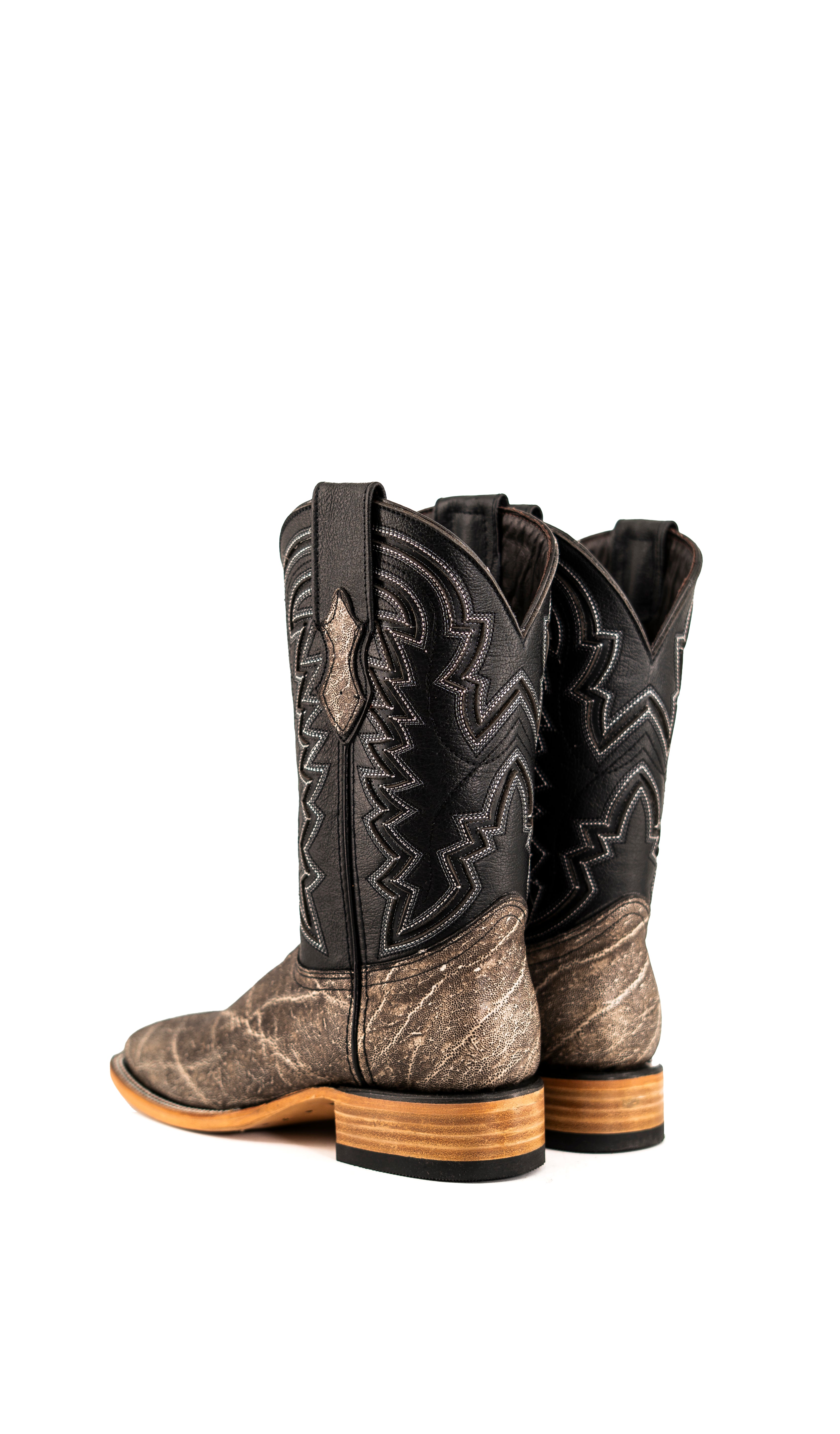 Back view of slate gray Rock'em Elephant cowboy boots in genuine leather, featuring a square toe, elephant print vamp, embroidered shaft, and rubber heel.