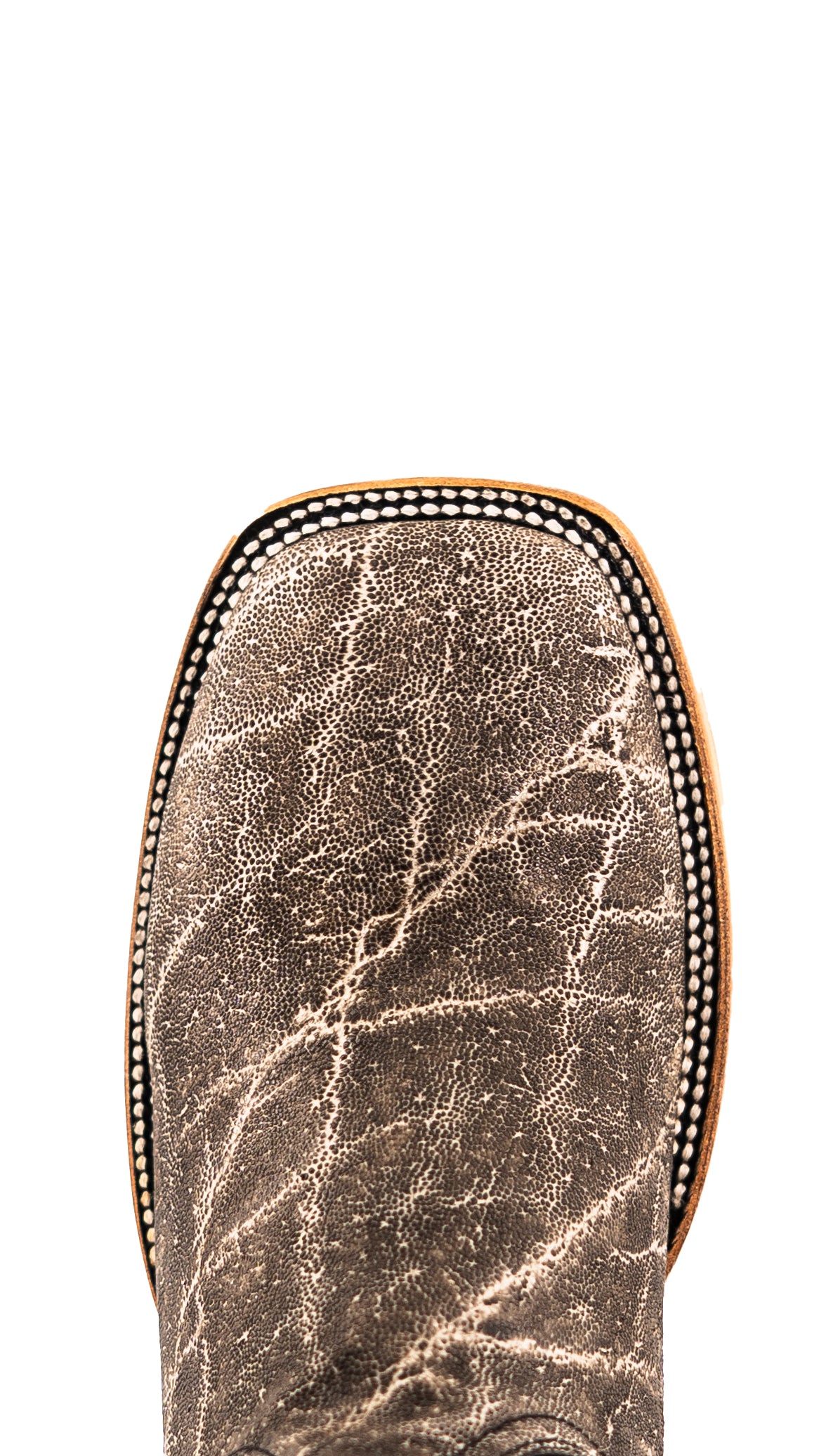 Top-down close-up of the slate gray Rock'em Elephant cowboy boot vamp showing the elephant print detail and square toe.
