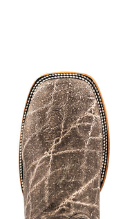Top-down close-up of the slate gray Rock'em Elephant cowboy boot vamp showing the elephant print detail and square toe.
