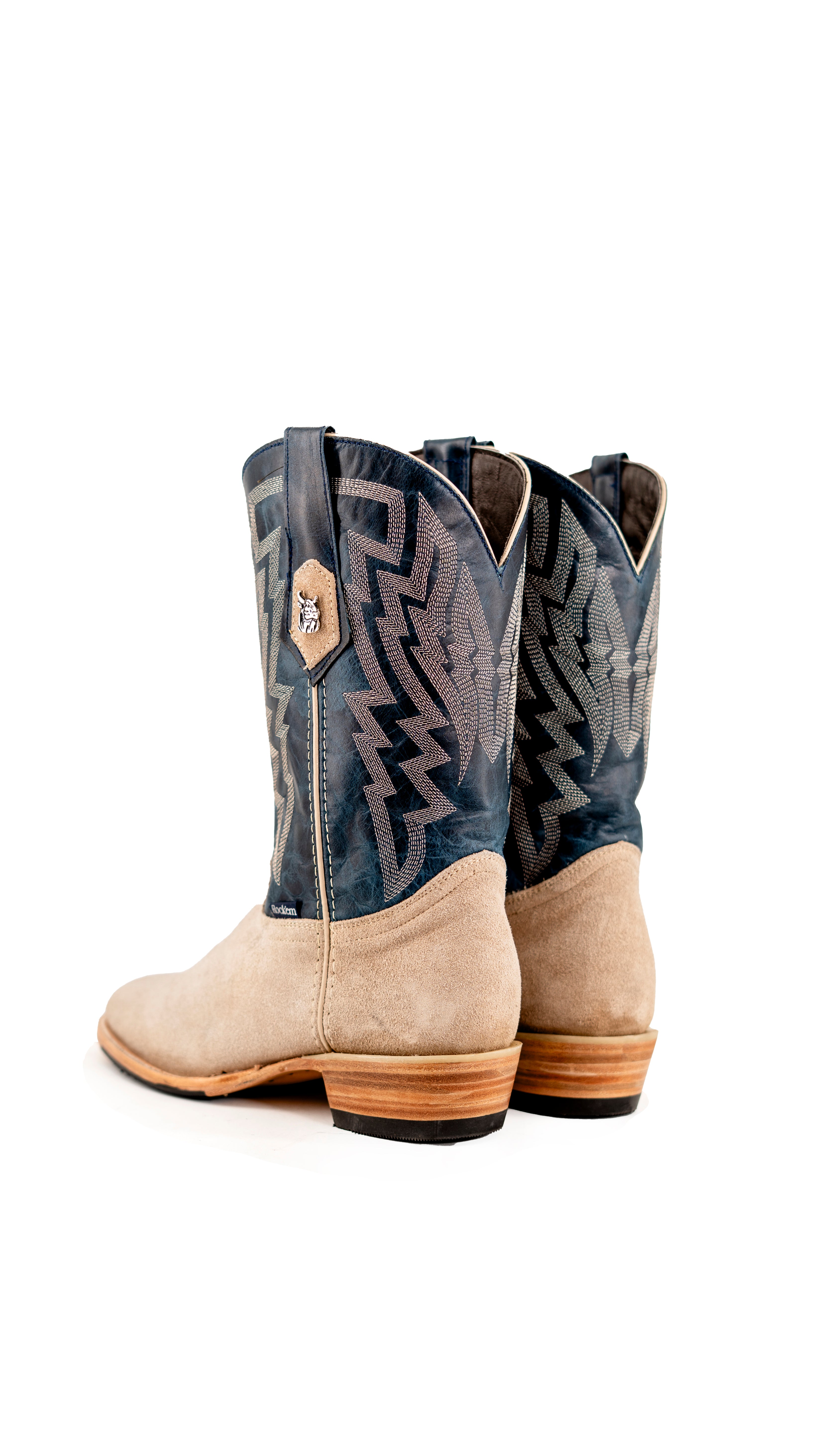 Back view of the Maverick boots feature a sand suede vamp, blue shaft, round toe, sturdy leather sole, and rubber heel.