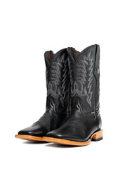 The Heritage Rainbow cowboy boots feature black leather with intricate stitching and embroidery, a Rock'em bull emblem, durable leather sole, and rubber heel.