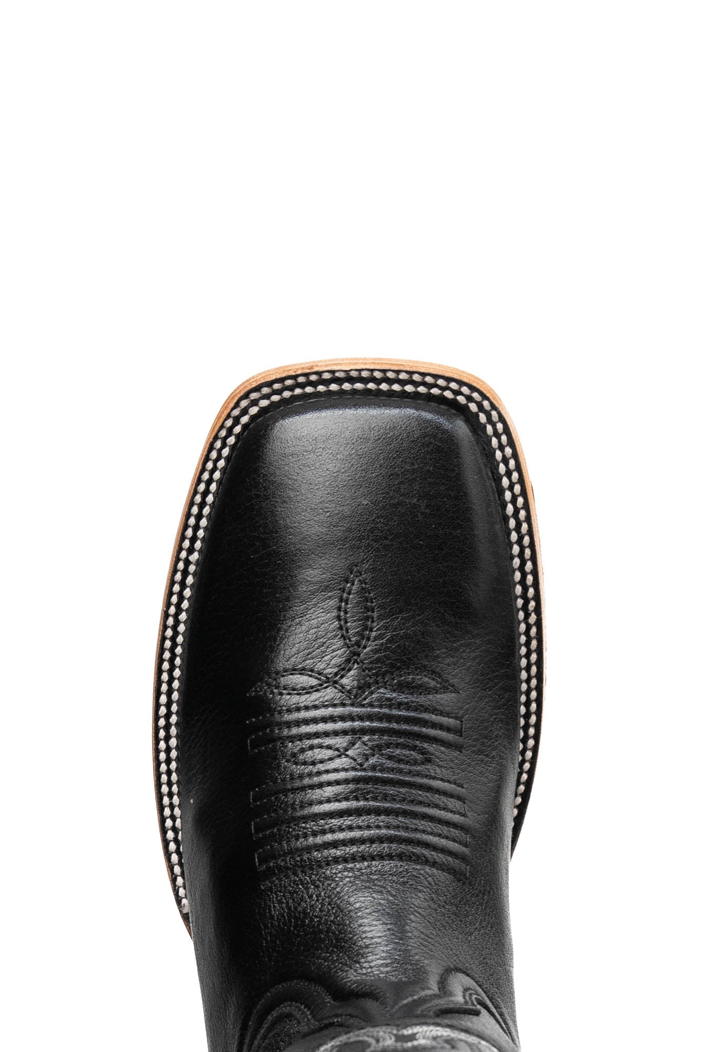 The Heritage Rainbow cowboy boots feature black leather with intricate stitching and embroidery, a Rock'em bull emblem, durable leather sole, and rubber heel.