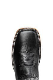 The Heritage Rainbow cowboy boots feature black leather with intricate stitching and embroidery, a Rock'em bull emblem, durable leather sole, and rubber heel.