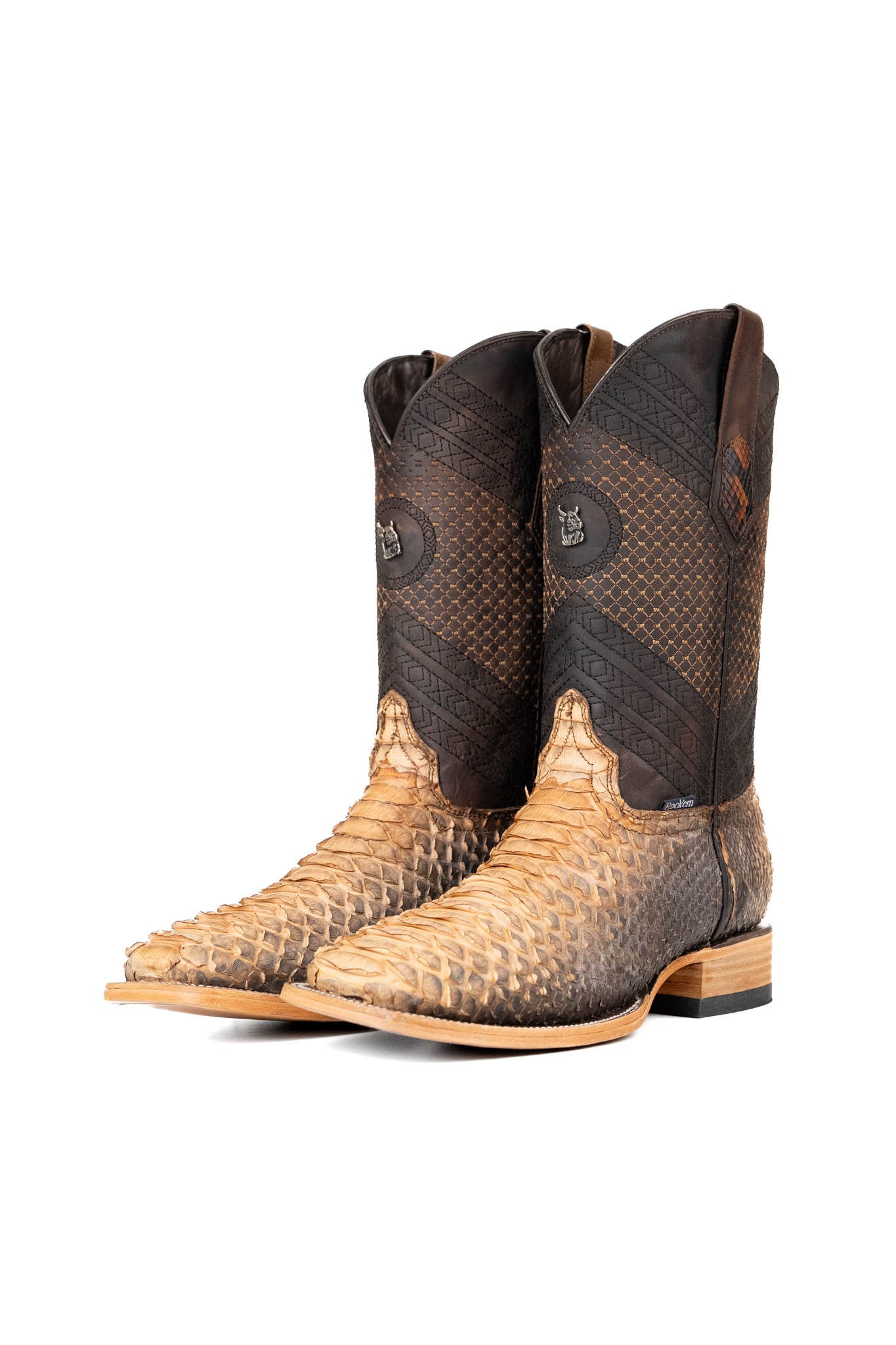 The Andersen Python Exotic cowboy boots are genuine leather, featuring a square toe, tan and brown ombre python print vamp, brown shaft with tan embroidery, rubber heel, and a leather sole.