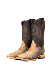 The Andersen Python Exotic cowboy boots are genuine leather, featuring a square toe, tan and brown ombre python print vamp, brown shaft with tan embroidery, rubber heel, and a leather sole.