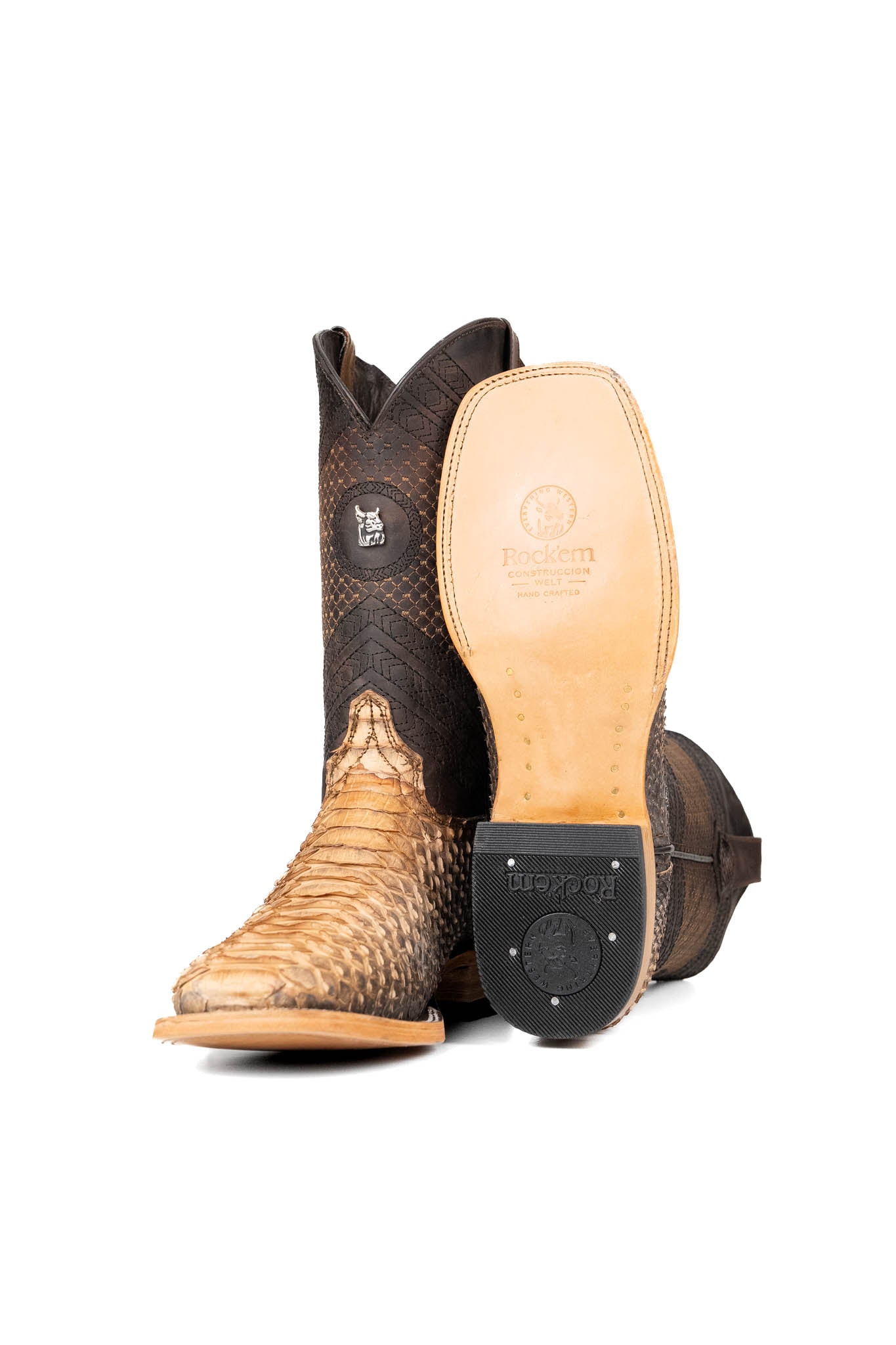 Vew of the Andersen Python Exotic cowboy boots in genuine leather, featuring a square toe, tan and brown ombre python print vamp, brown shaft with tan embroidery, rubber heel, and a leather sole.