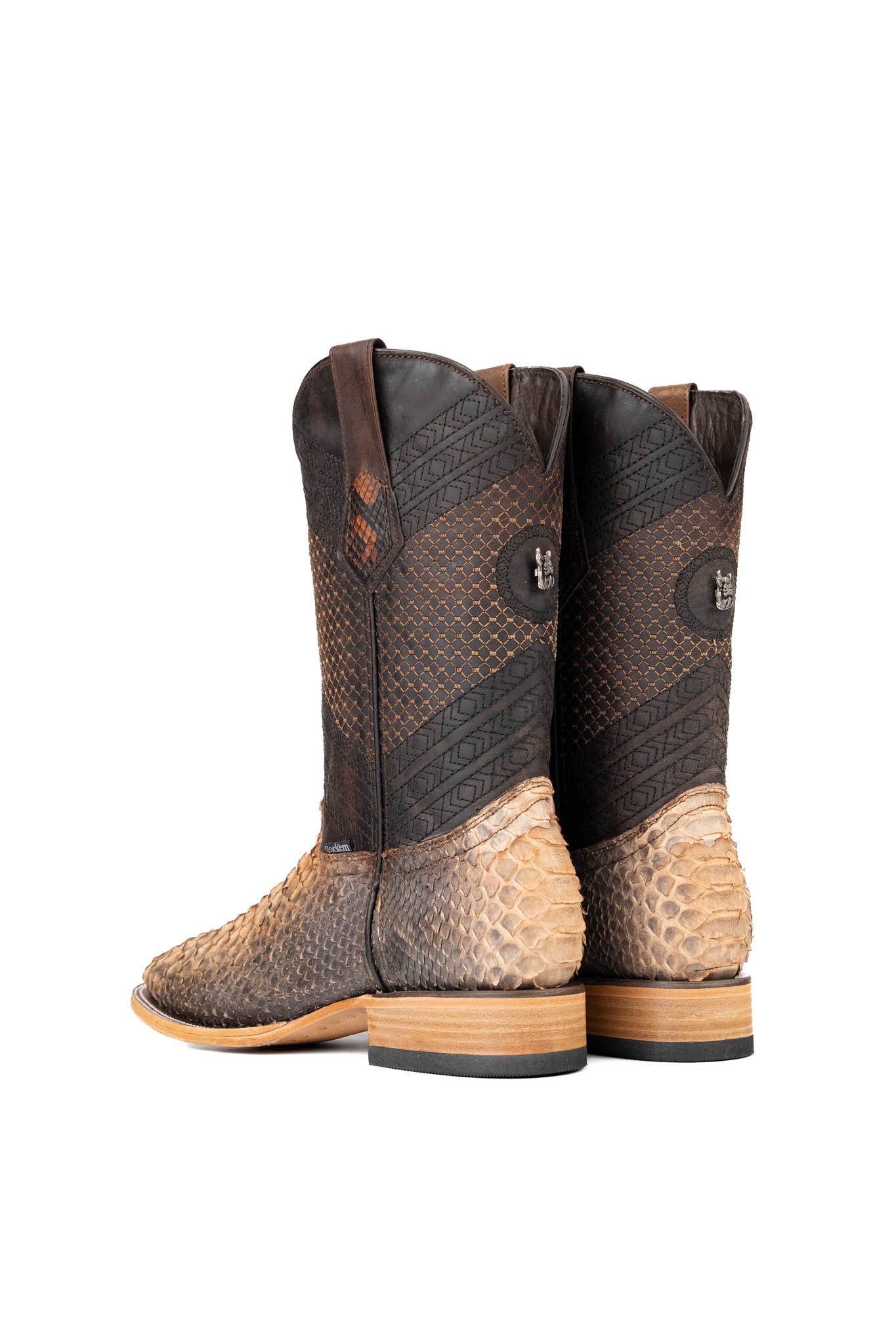 Back view of the Andersen Python Exotic cowboy boots in genuine leather, featuring a square toe, tan and brown ombre python print vamp, brown shaft with tan embroidery, rubber heel, and a leather sole.