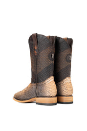 Back view of the Andersen Python Exotic cowboy boots in genuine leather, featuring a square toe, tan and brown ombre python print vamp, brown shaft with tan embroidery, rubber heel, and a leather sole.