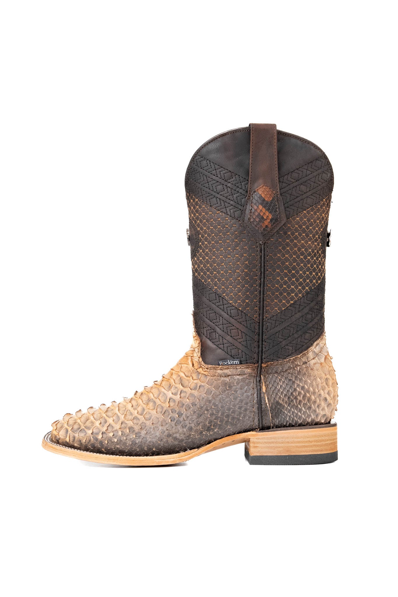 Side view of the Andersen Python Exotic cowboy boots in genuine leather, featuring a square toe, tan and brown ombre python print vamp, brown shaft with tan embroidery, rubber heel, and a leather sole.