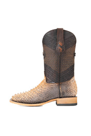 Side view of the Andersen Python Exotic cowboy boots in genuine leather, featuring a square toe, tan and brown ombre python print vamp, brown shaft with tan embroidery, rubber heel, and a leather sole.