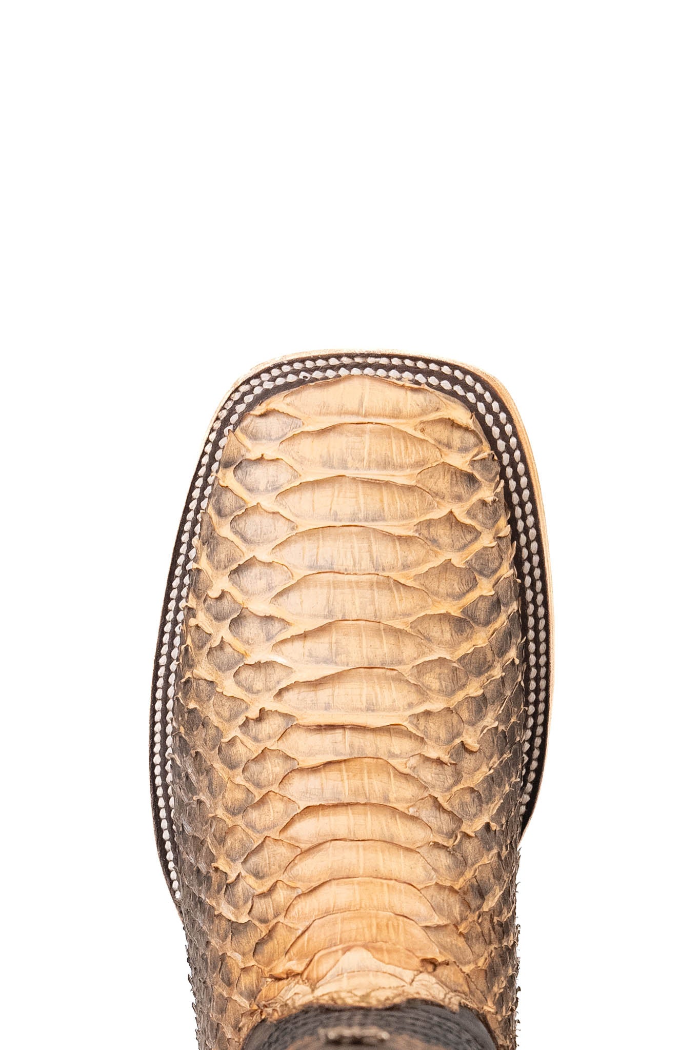 Top-down close-up of Andersen python exotic cowboy boot vamp, showcasing the matte taupe python print scale, double stitching and square toe.