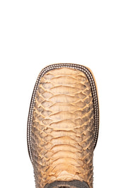 Top-down close-up of Andersen python exotic cowboy boot vamp, showcasing the matte taupe python print scale, double stitching and square toe.